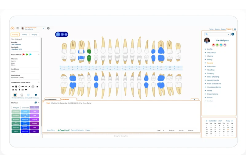 Curve Dental software showing a dental chart with color-coded tooth conditions, treatment planning tools, and patient information.