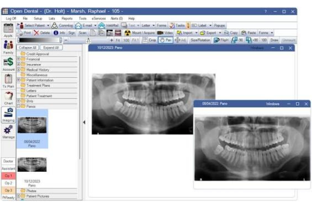 Open Dental imaging interface showing two panoramic dental X-rays, patient folders, and image thumbnails.