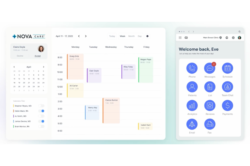 Weave software showing a color-coded appointment calendar and dashboard with phone, messaging, scheduling, patient records, and payment features.