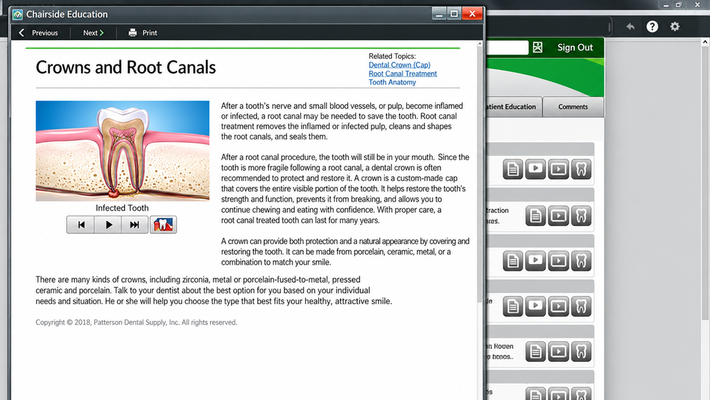 CAESY Cloud's patient education interface displaying a tooth anatomy illustration, root canal explanations, related topics, and playback controls.