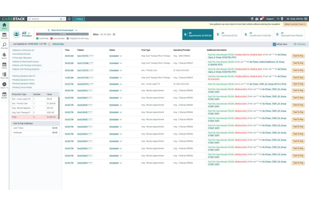 CareStack dashboard showing patient appointments, provider schedules, appointment statuses, production totals, and Text to Pay options.
