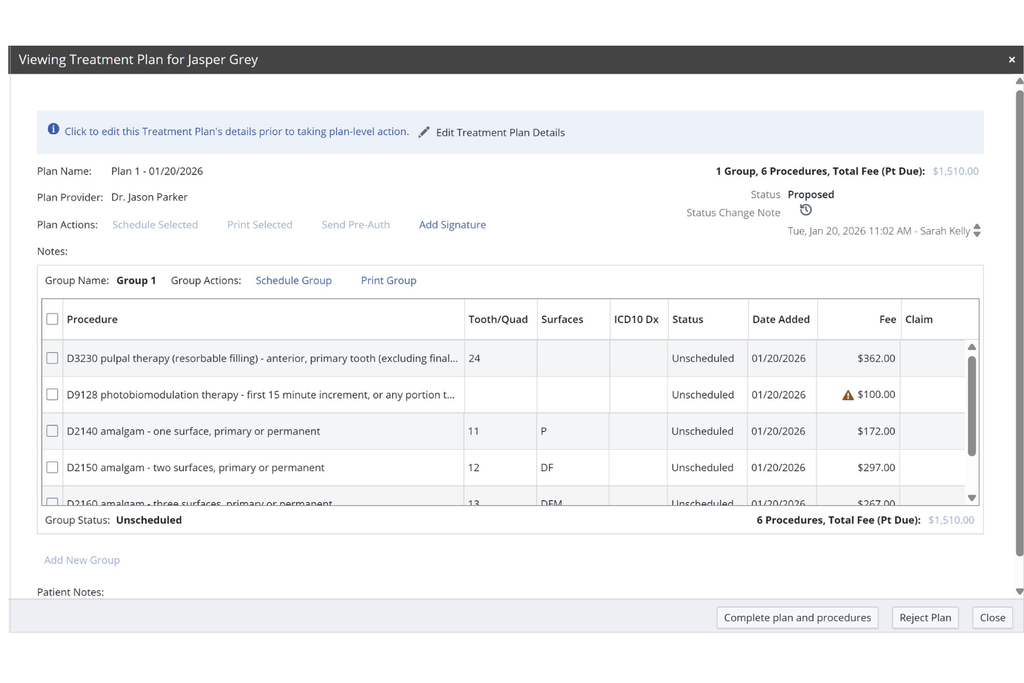 Carestream Dental treatment plan showing six dental procedures, tooth details, unscheduled statuses, and individual fees